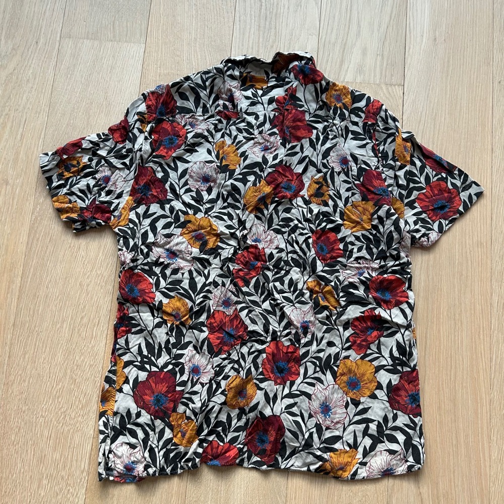Zara Man Floral Button Down Shirt Medium Multicolor Short Sleeve Poppy Aloha - Picture 3 of 6
